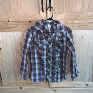 Rue 21 brown plaid embroidery western rodeo blouse shirt size XL